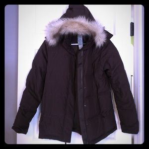 LL Bean warmest down coat in chocolate brown.