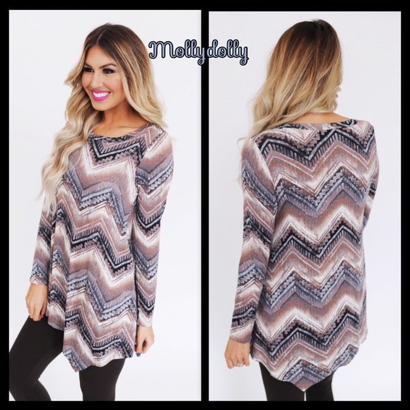 ❗️3XL❗️ Mocha Chevron Zigzag Asymmetrical Top - Picture 3 of 4