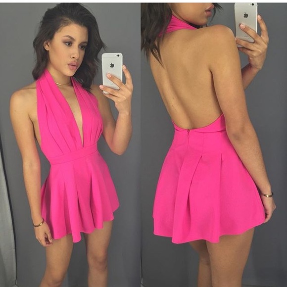 Sexy pink backless halter romper