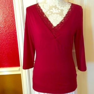 😋🎉Burgundy blood red soft top with lace inset