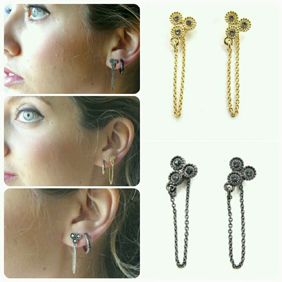 16K Triad Gun Metal W Black Diamond Drop Earrings - Picture 1 of 4