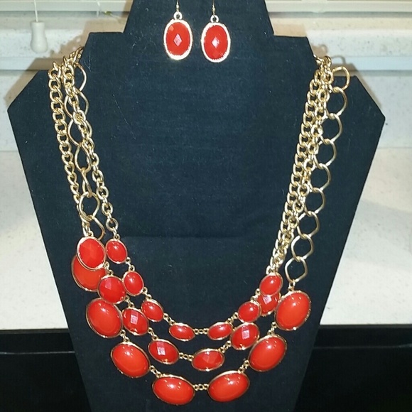 Orange & Gold statement necklace earrings  set