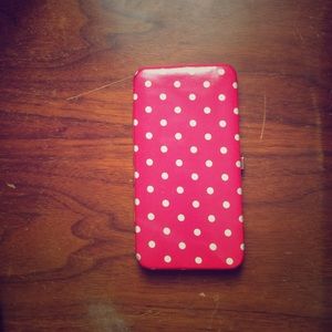 Pink and white polka dot wallet