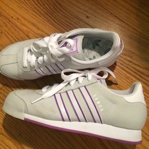 Purple and White Adidas Samoa