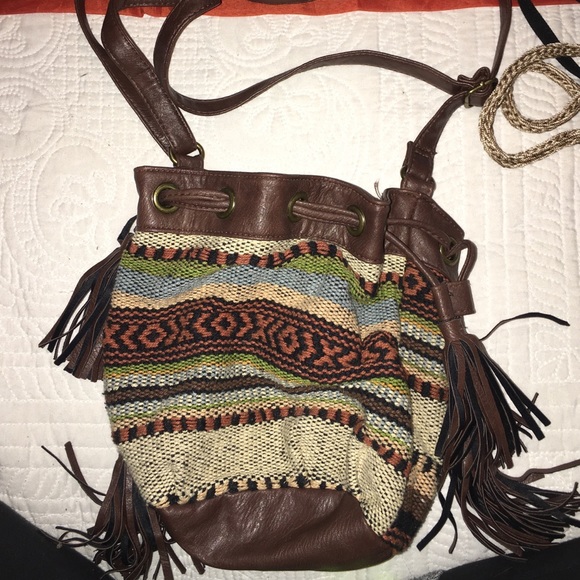 Tribal purse with brown leather fringe
