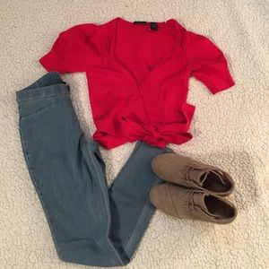 Red wrap crop top rues at the waist xs
