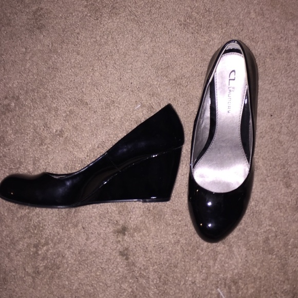 SOLD CL by Laundry Black Patent Wedges