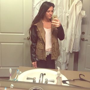 Army Green Jacket with Leather Sleeves