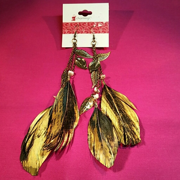 Gold and black feather dangle earrings