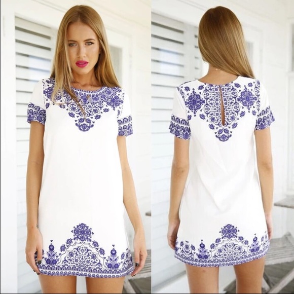 Dresses & Skirts - 🆕stunning white w/blue design dress💙