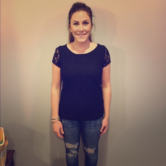 Black lace short sleeve blouse, gently used!