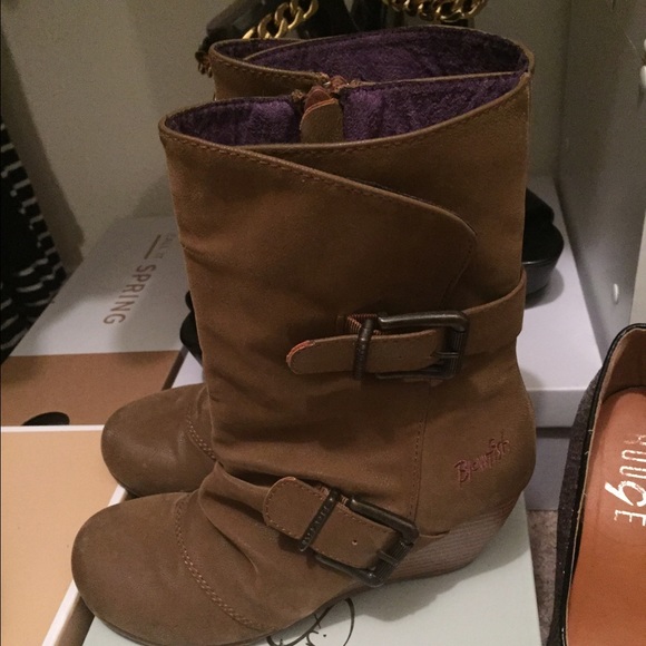 Blowfish Suede boots with a 2 1/2" wedge heel.