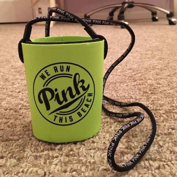 VS Pink, lime green hanging koozie