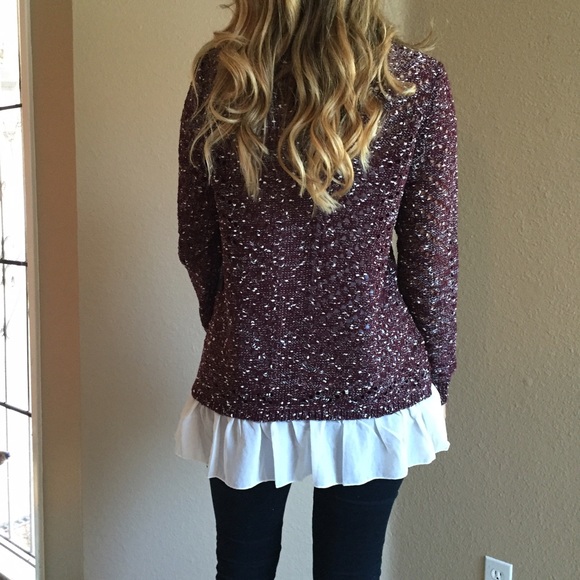 Ruffle Hem Burgundy Woven Sweater - Picture 2 of 4