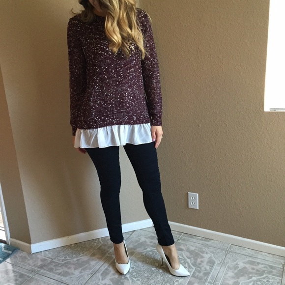 Ruffle Hem Burgundy Woven Sweater - Picture 3 of 4