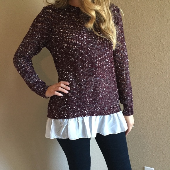 Ruffle Hem Burgundy Woven Sweater - Picture 4 of 4