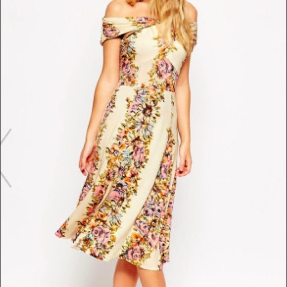 ASOS Bardot Wrap Midi Dress in Vintage Floral