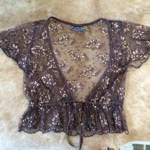 S/m crop sheer top.  Gold and browm.