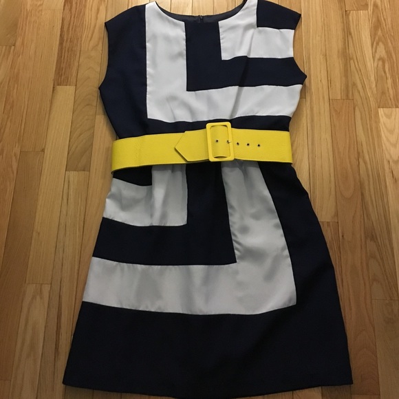 Navy blue and white dress w/ yellow belt