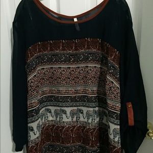 Navy and cognac sheer top.