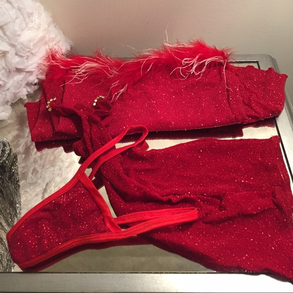 Red hot! Bedazzled four piece bikini / dance set