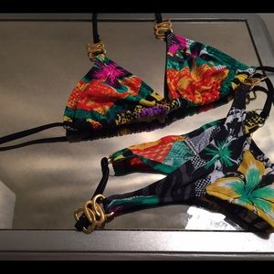 Tropical multi colored and black hand made bikini