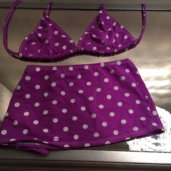 Purple polka dot bikini top and skirt set