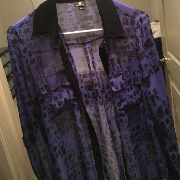 beautiful blue and black button down sheer blouse - Picture 3 of 3