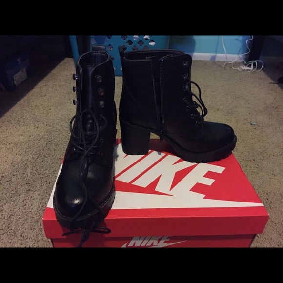 Black Chunky Heel Combat Boots