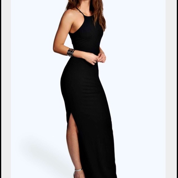Black side split strapless bodycon maxi dress
