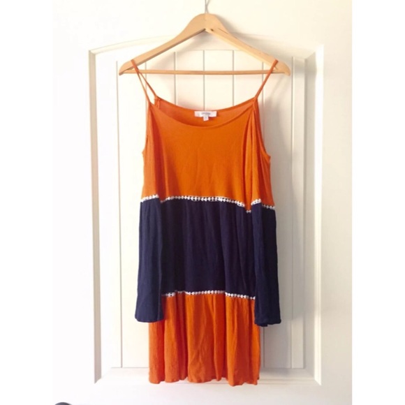 Blue & Orange Cut Out Shoulders Dress