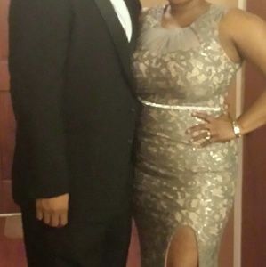 Silver and nude lace and sequin ball gown