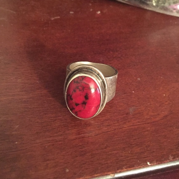 silver red stone ring size 8