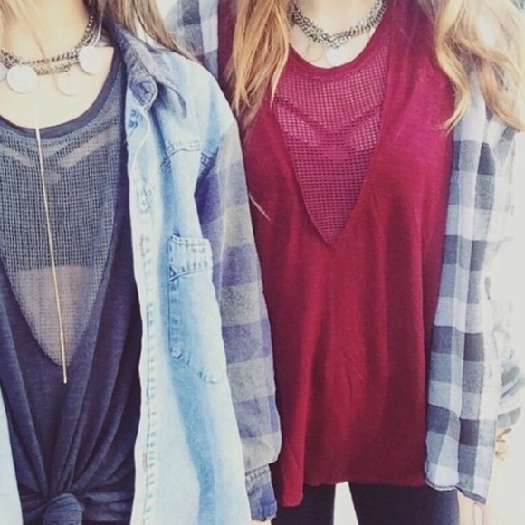 LF maroon v-neck mesh tank