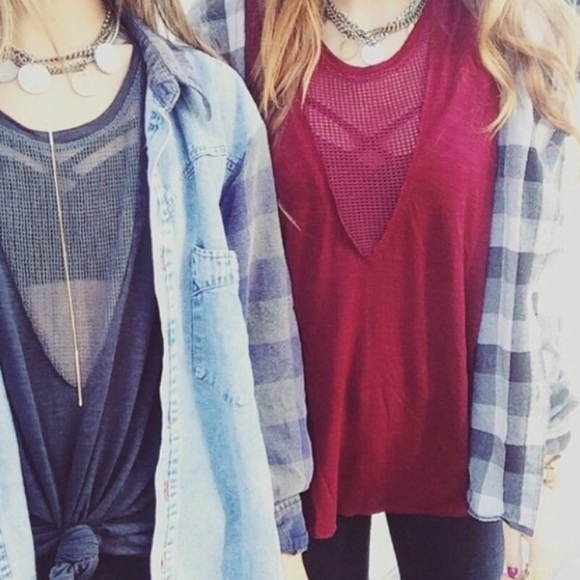 LF maroon v-neck mesh tank