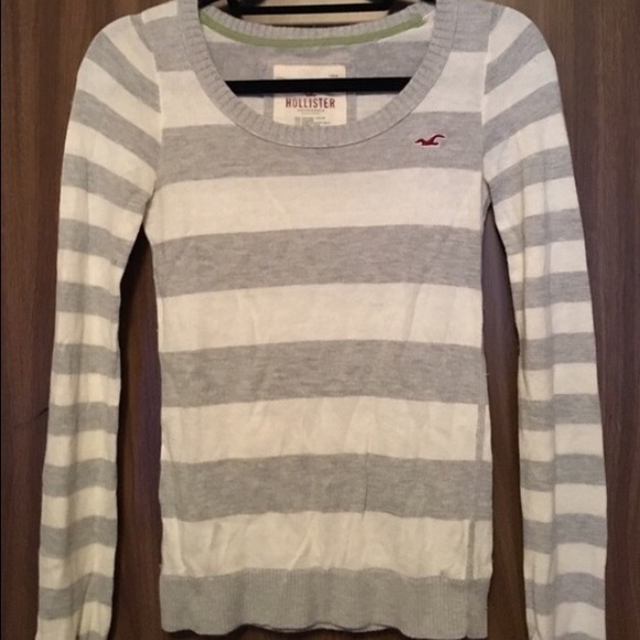 Hollister Grey and White Striped Sweater