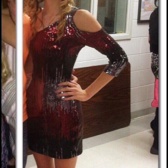 Red and Black One Shoulder Sequin Dress