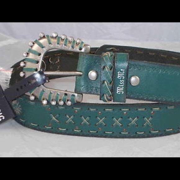 Miss Me Teal Green Leather Laced Rhinestone Belt