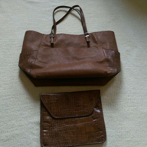 Brown faux leather tote bags with matching clutch