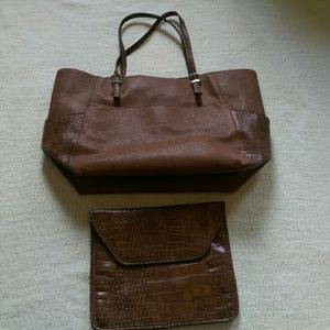 Brown faux leather tote bags with matching clutch