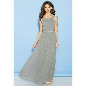 Gray beaded chiffon maxi dress