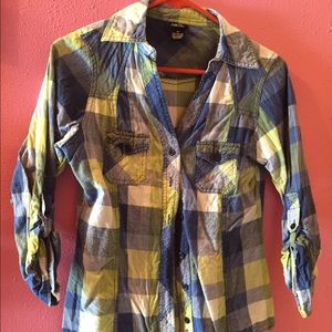 Blue green and white plaid button down shirt