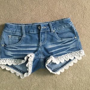 Lace trim denim shorts