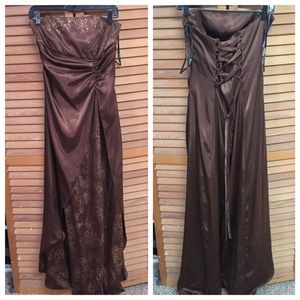Beautiful brown and gold strapless gown
