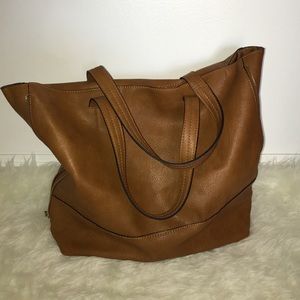 Brown Faux Leather Tote with Gold Zips