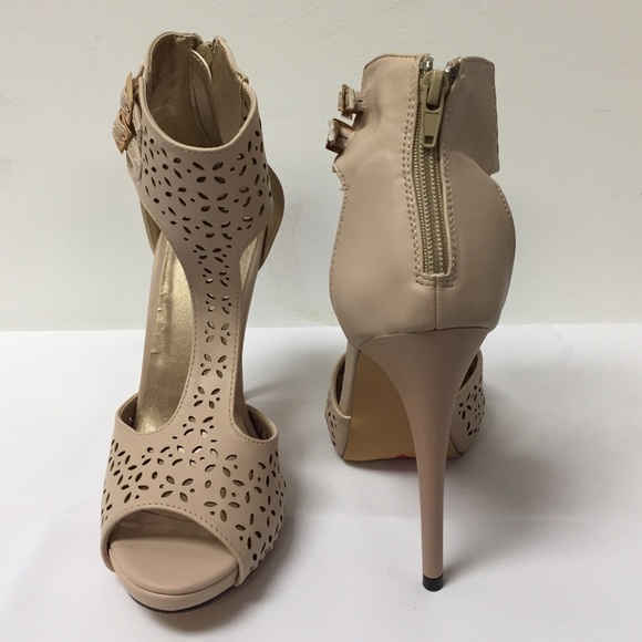 Luichiny Natural Beige Tan Heels Peep Toe - Picture 3 of 4
