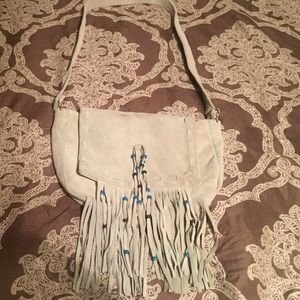 Handmade grey suede fringe bag