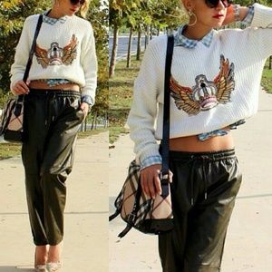 Imitation leather joggers pants -khaki green