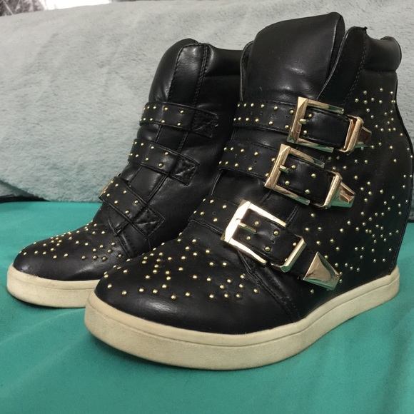 Black and gold sneaker wedges
