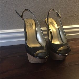 Fergie Black Patent Leather Peep Toe Wedges